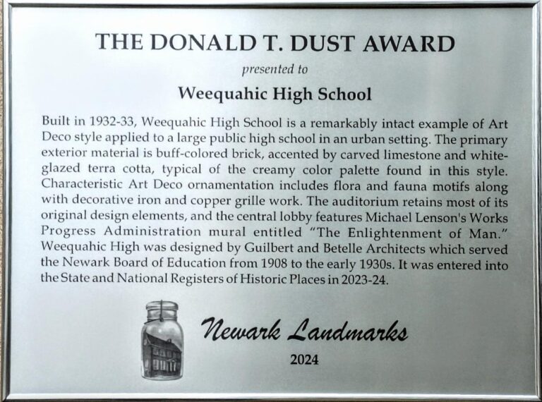 The Donald T. Dust Award presented to Weequahic High School by Newark Landmarks 2024